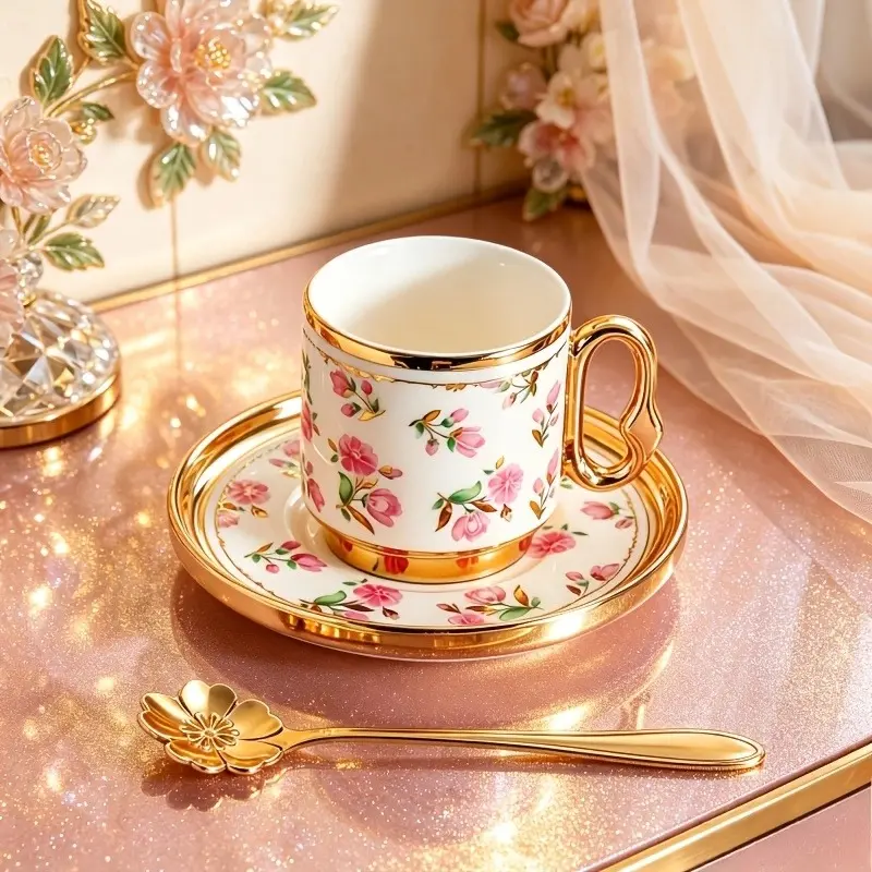 100ml, Ceramic Coffee Mug Set, Drinkware, Ceramic cup *1 + Ceramic saucer *1+ Stainless steel spoon *1, Water cup/coffee cup/tea cup, for home/office/coffee shop, 3-piece set