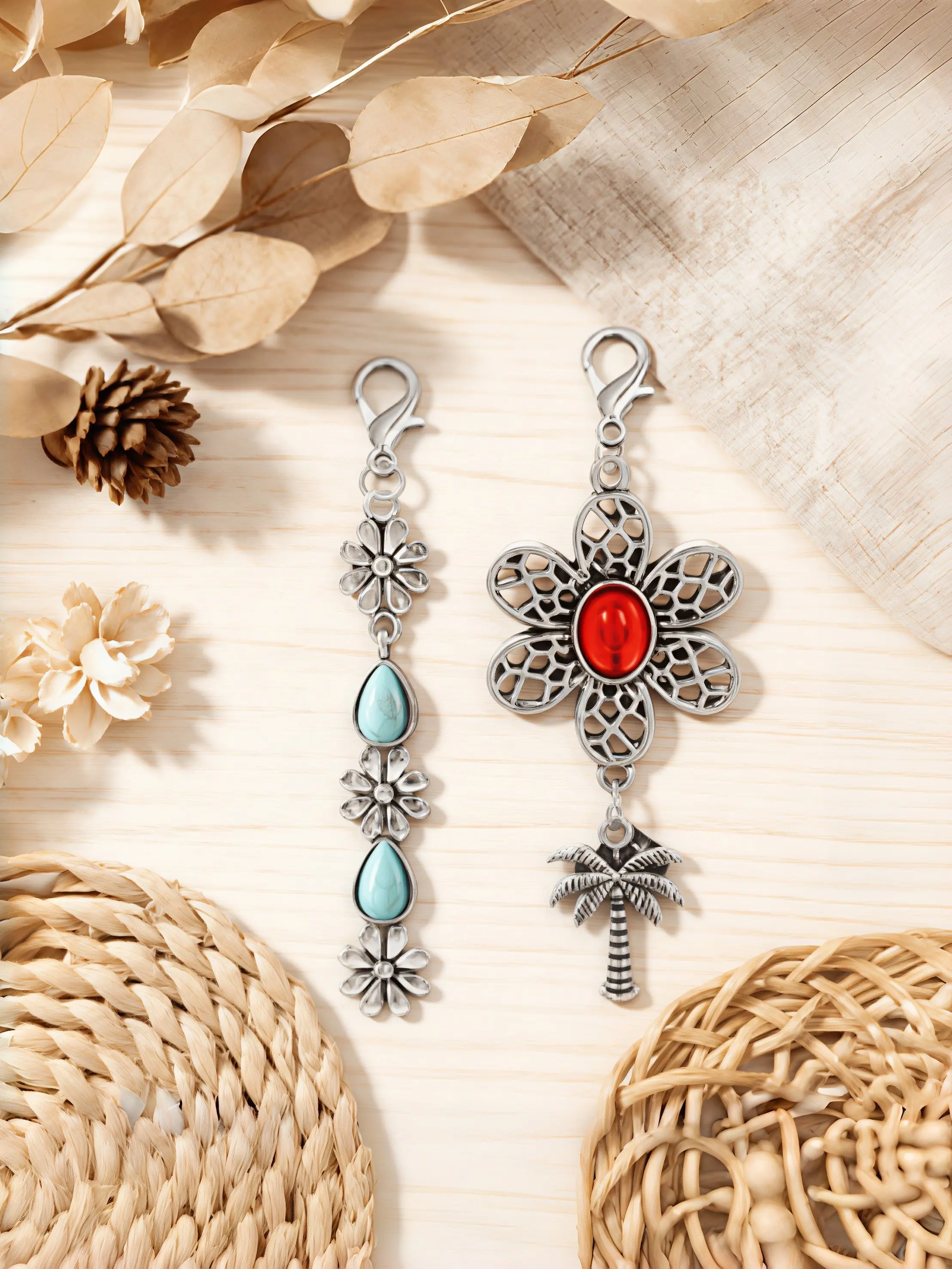 Boho Style Long Flower Keychain, Turquoise Beaded Tassel Pendant, Ethnic Floral Bag Charm, Women's Accessory, Gift Idea, Key Charms