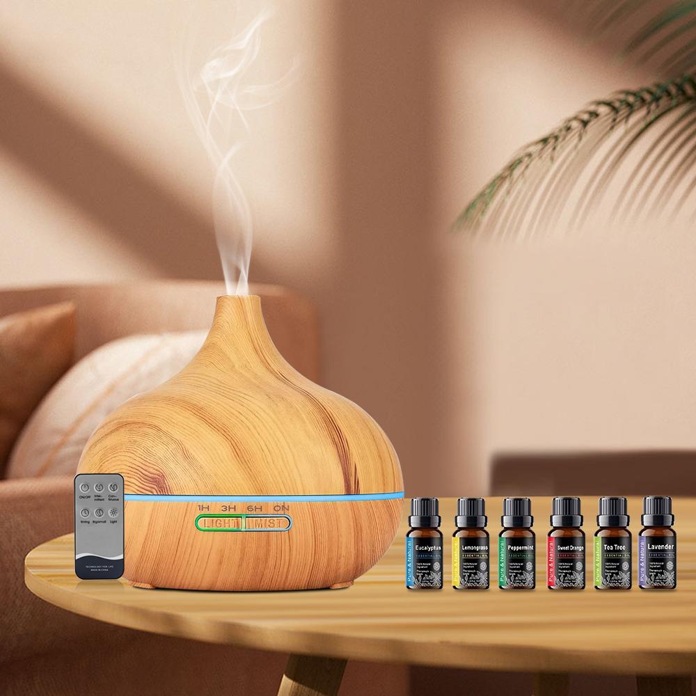 550ml Wood Grain Aroma Diffuser Humidifier with Remote Control, Timer, and 6 Oil Set, Cool Mist Waterless Fragrance Oil Diffuser for Large Room, Essential Oil Aroma Diffuser, Home Humidifiers,Flower Humidifier, Air Purifier salt  lamp d is ff user