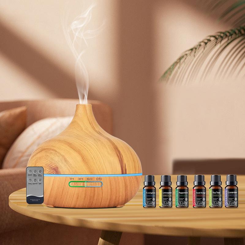 550ml Wood Grain Aroma Diffuser Humidifier with Remote Control, Timer, and 6 Oil Set, Cool Mist Waterless Fragrance Oil Diffuser for Large Room, Essential Oil Aroma Diffuser, Home Humidifiers,Flower Humidifier, Air Purifier salt  lamp d is ff user
