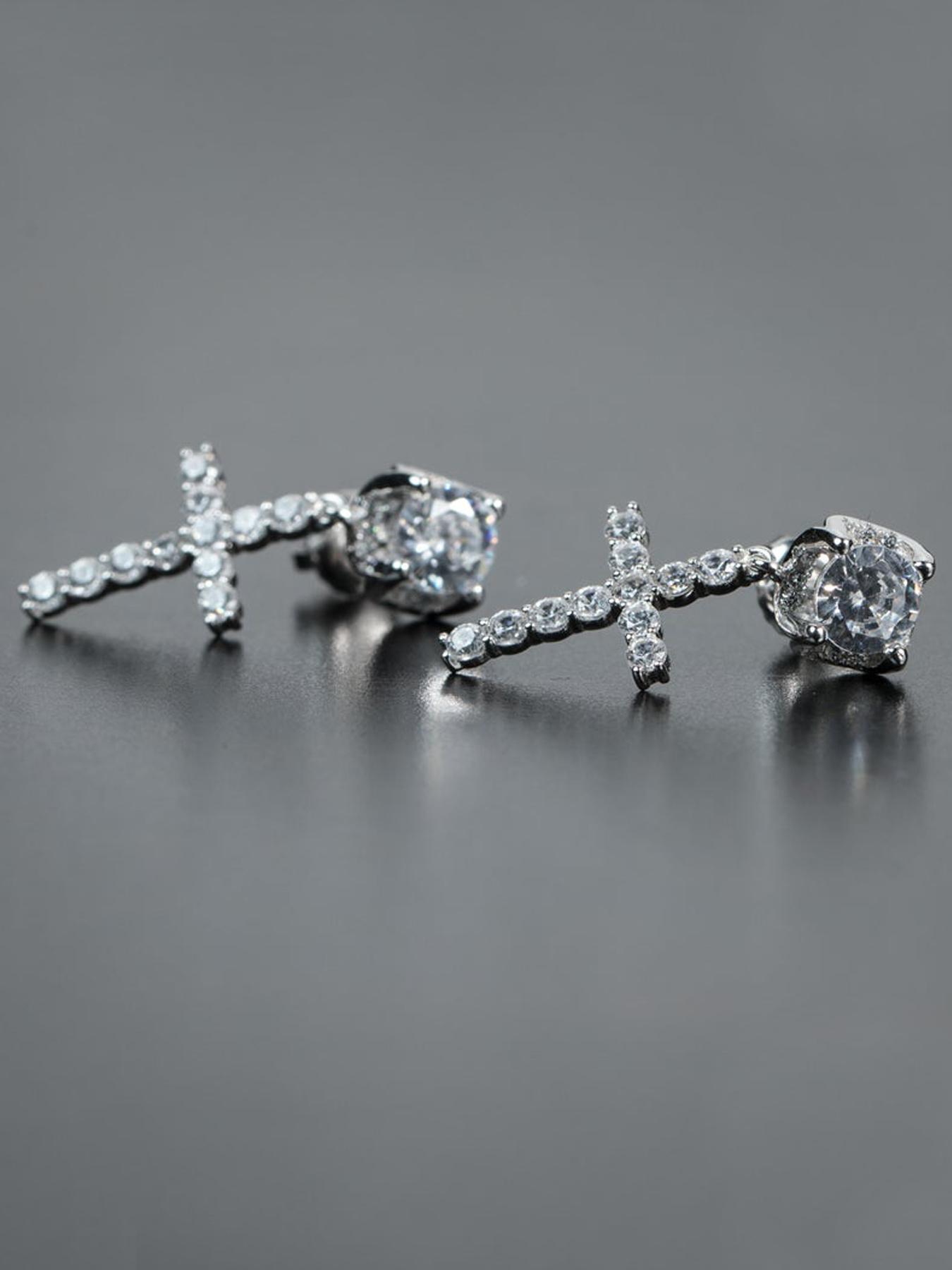 Hip Hop Cross Design Dangle Earrings, Studded Cross Earrings, Cubic Zirconia Decorated Earrings for Men & Women, Fashionable Jewelry for Party, Daily Decor, Trendy All-match & Exquisite Jewelry for Birthday Gift