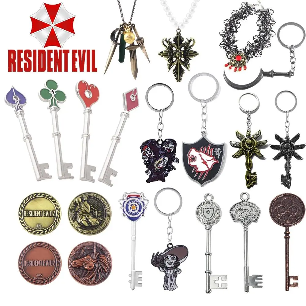 Resident Evil RPD Key Set Keychain Necklace Raccoon City Police Department Cosplay Pendant Key Ring Gift Souvenir Jewelry