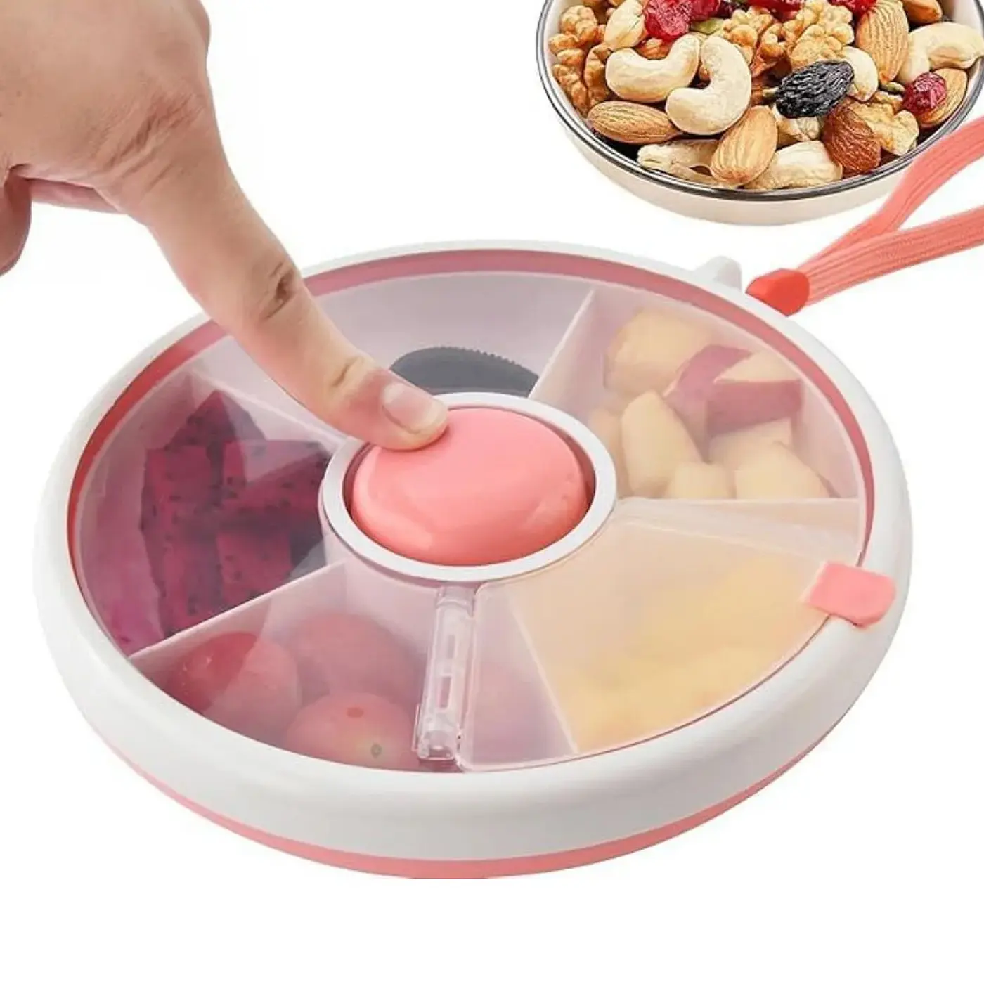 Anti-Spill Rotating Snack Box, 5-Grid Food Distributor with Lid, Multi Compartment Container, Press & Rotate Reusable, Dustproof Moisture-Proof, BPA-Free Travel Essential, Portable Container, Kitchen Food Storage