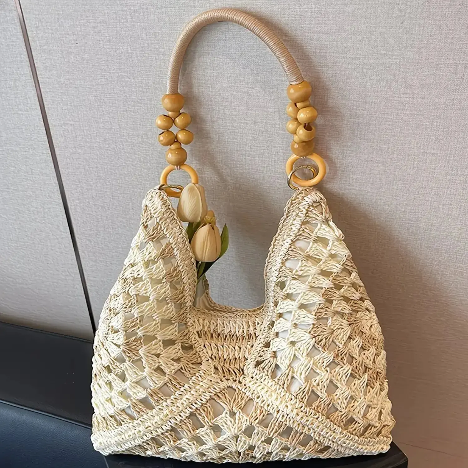 Women's Handmade Straw Tote Bag – Large Crochet Beach Shoulder Bag for Travel & Everyday