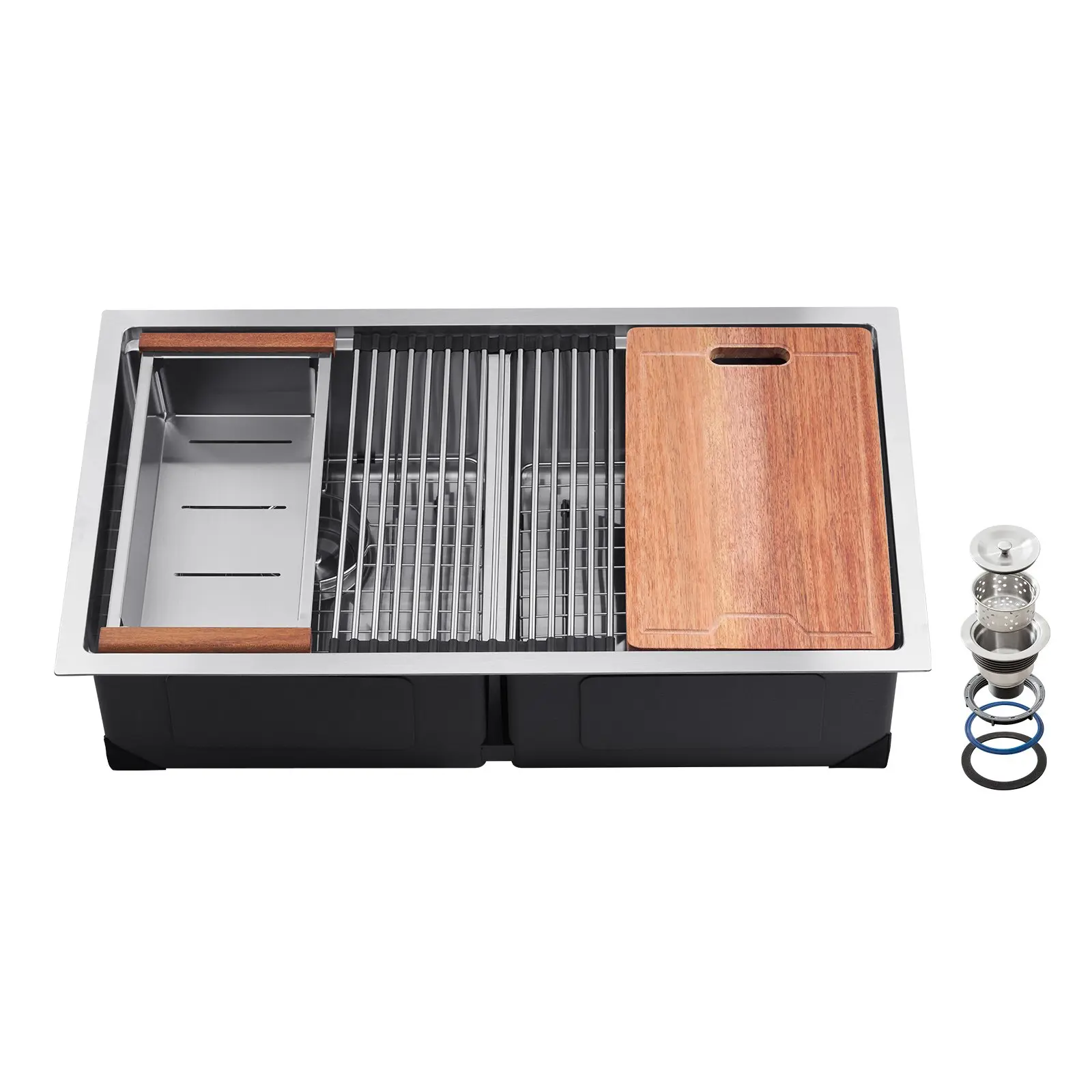 VEVOR 33 inch Kitchen Sink Workstation, 304 Stainless Steel Undermount Sink, Drop-In Double Bowl Farmhouse Basin with Ledge & Multiple Accessories, Household Dishwasher Sinks for RV, Prep Kitchen, Ba