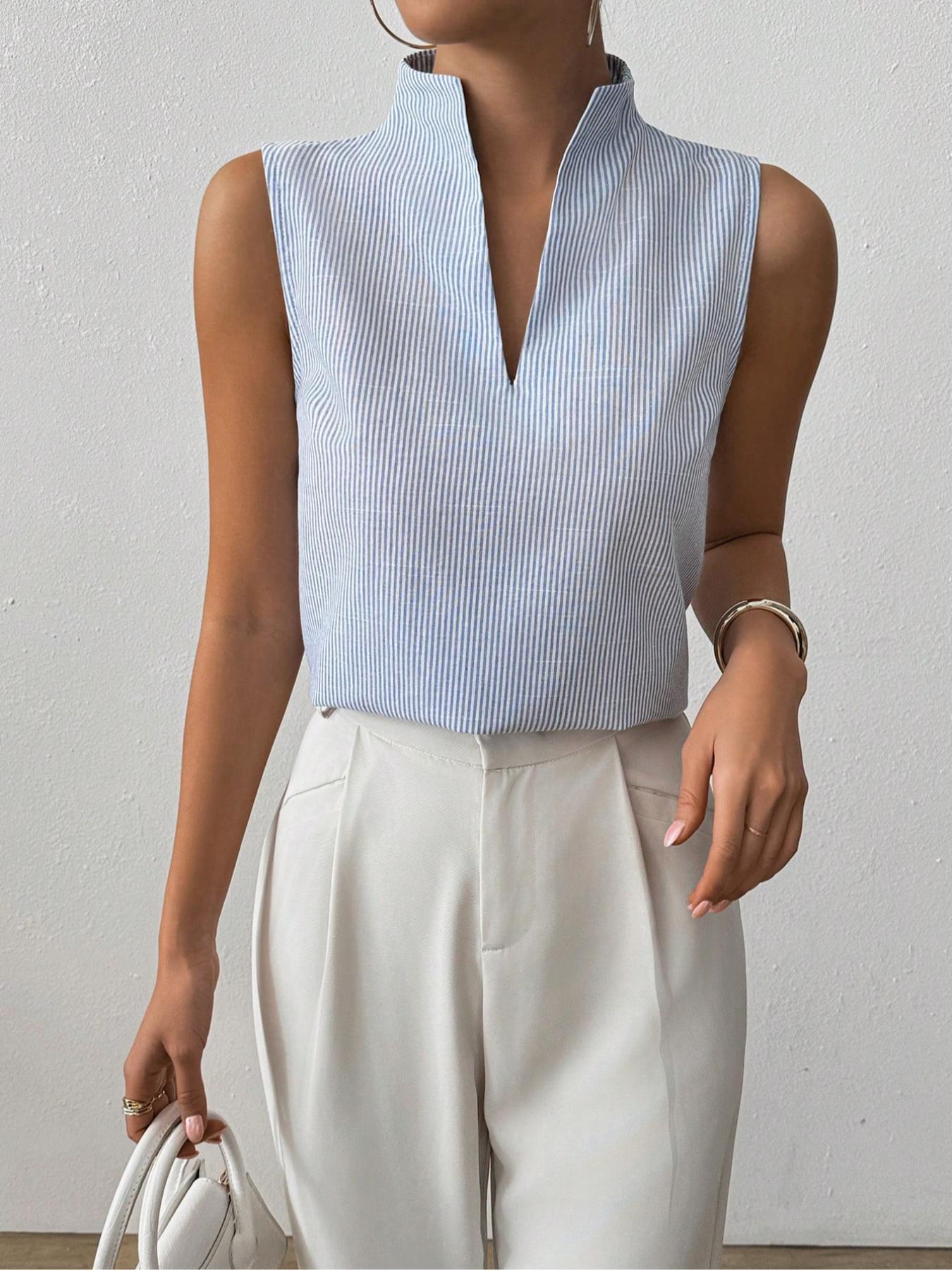 Women's Striped Print Curved Hem Tank Top, Casual Chic Sleeveless Top for Work Office Business, Ladies Clothes for Summer, Womenswear