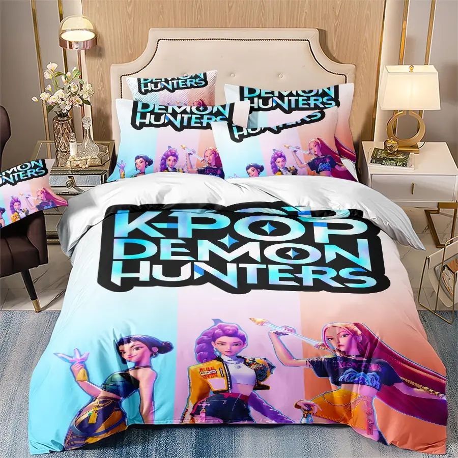 3pcs set 1 duvet cover + 2 pillowcases without core ultra soft breathable skin friendly durable wrinkle resistant fade proof easy care kpop demon hunters anime print bedding set bed linen home textile bedroom decor dorm essential family gift