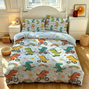 3-piece quilt cover set (1 quilt cover +2 pillowcases, without core) Red, yellow and green Tyrannosaurus rex riding bicycle skateboard rainbow sun love flower print suitable for bed and breakfast hotel bedrooms and other bedding quilt cover