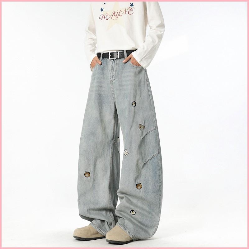 American High Street Trendy Brand Cartoon Embroidered Versatile Distressed Scimitar Pants Wide Leg Pants Straight Jeans