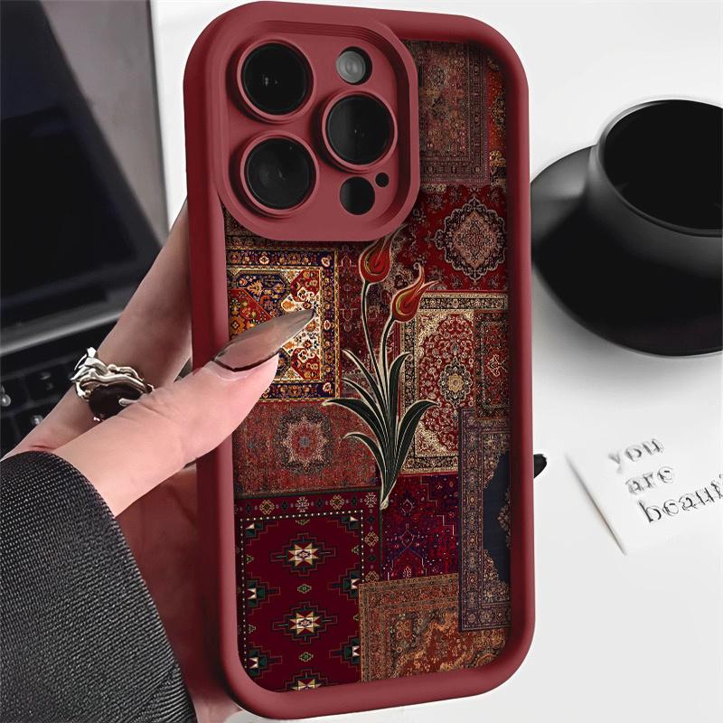 Phone Case - Retro Art Style Collage Red Tulip Pattern Phone Case for iPhone 17 E Air Pro ProMax iPhone16 15 14 Plus 13 12 Mini 11 X XS XR Premium Matte Frosted Th