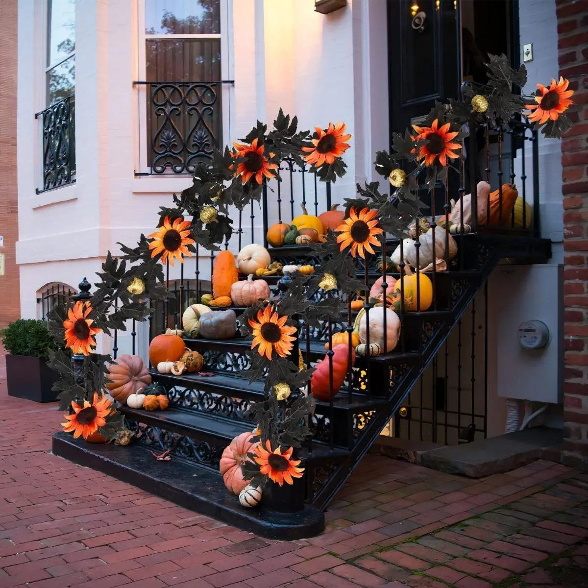 5.9FT Synthetic Plastic Fall Maple Leaf & Artificial Sunflower Vine Garland Wreath - Halloween Aesthetic Horror-Themed Decor, Artificial Hanging Home Event Supplies for Door Frame, Room Accessories (Children's Day Compatible)