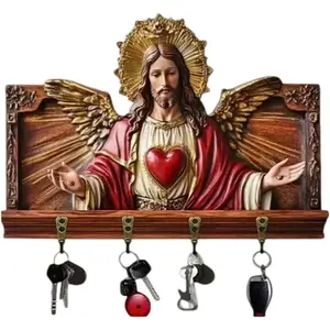 Sacred Heart Key Holder Wall Mount, Resin Angel Wings Decorative Key Rack with 4 Hooks, Religious Christian Home Entryway Organizer Keys, Jewelry, and Small Accessories