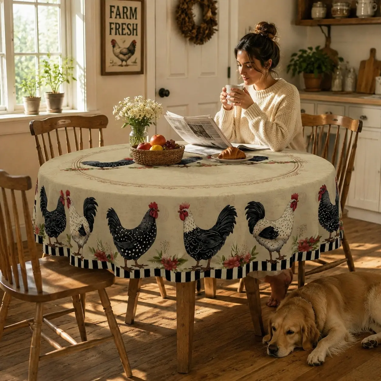 Glam Rooster Floral Print Tablecloth - Black and White Rectangle Table Cover for Dining Table Setting, Party, Farmhouse Country Kitchen Decoration, Home Supplies
