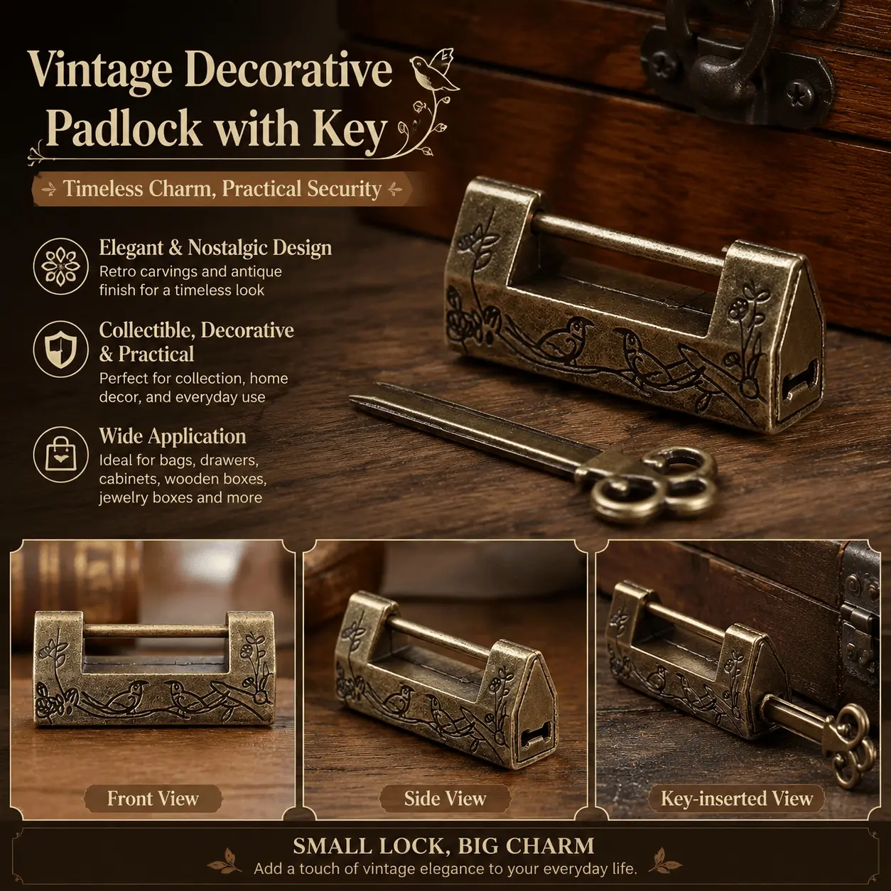 Vintage Brass Padlock - Hand-Carved Medieval Style Lock for Decorative Jewelry Box, Suitcase, Antique Furniture, Luggage Security, Collectible Wedding Decor, Rustic Home Gift Display Cabinet Drawer Fittings