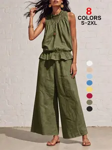 206Women's Bohemian Chic Linen Matching Set, Sleeveless Smocked Neck Top & Wide Leg Pants, Boho Vacation, Comfortable and Stylish