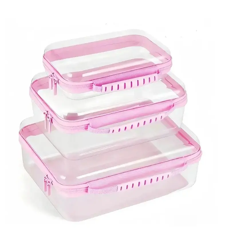 1/3 piece set of transparent hard shell zipper storage box, large capacity zipper storage box, available in black/pink, portable storage and organization box, suitable for skin care products, cosmetics, clothing, books, clothing, travel toiletry bags, spa