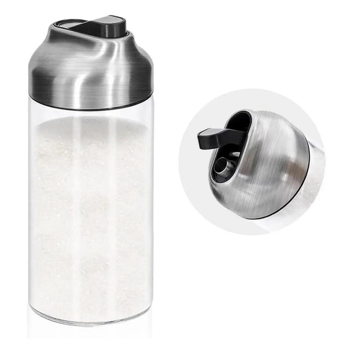 Home Organizers Stainless Steel Glass Sugar Dispenser Bottle (2-Pack, 12 Oz) with Pour Spout, Weighted Pourer, Lid for Kitchen Coffee, Baking