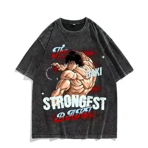Vintage Acid Wash Oversized Black Tee | Buff Muscular Martial Arts Anime Male + Red Halftone Splash Retro Letter Graphic Distressed Cotton Street T-shirt