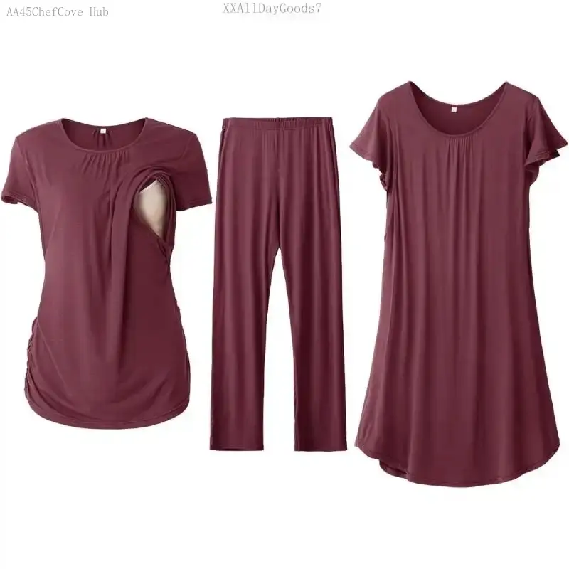Women 3 PCS Maternity Nursing Nightgown Dress & Short Sleeve Breastfeeding Top & Pregnancy Pants Sleepwear SetXXAllDayGoods7AA45ChefCove Hub