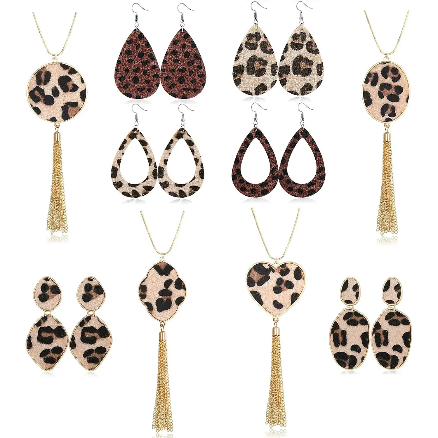 16 Pcs Leopard Print Statement Jewelry Set for Women, Leopard Tassel Dangle Long Necklace, Leopard Water Drop Earrings, Jewelry Gift