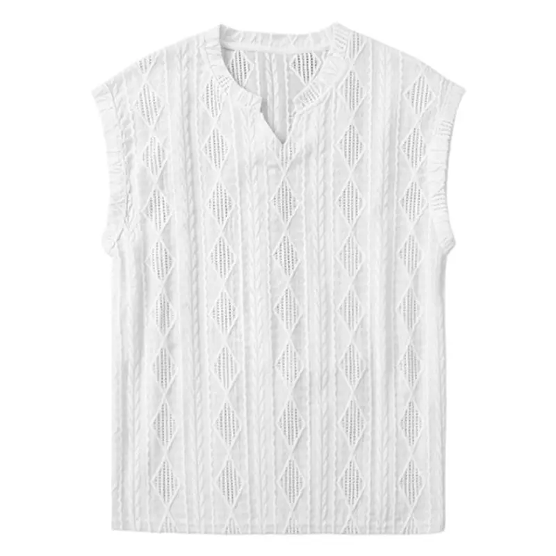Men's Elegant Cable-Knit Vest, V-Neck Sleeveless Top with Lace Trim, Lightweight Hollow Weave Polyester for Summer Layering, Fathersday, Casual