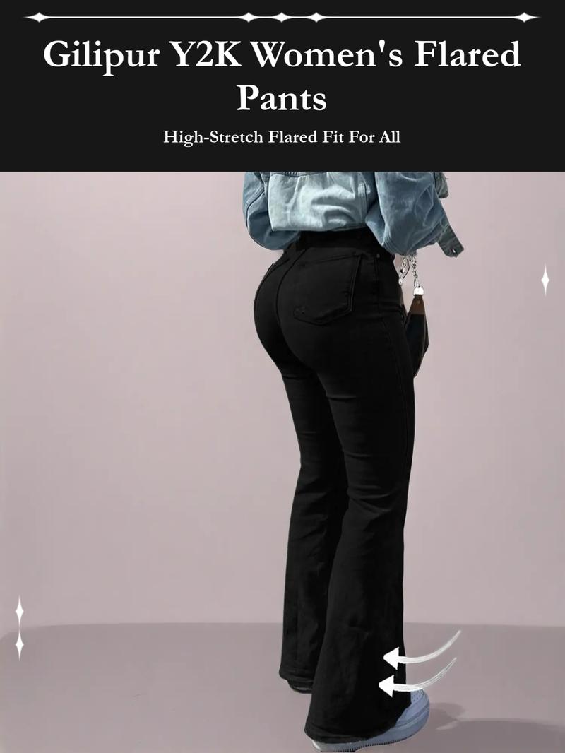 GILIPUR Y2K Women's Slim-Fit Flared Pants,Casual Pants,Button-Fly Pocket Flared Pants ,Suitable For All Seasons Flared Pants, Women's Bottoms For Daily Wear,High elastic women's clothing,Women's faux denim flared trousers，Deals For Me Days,Spotlight Finds