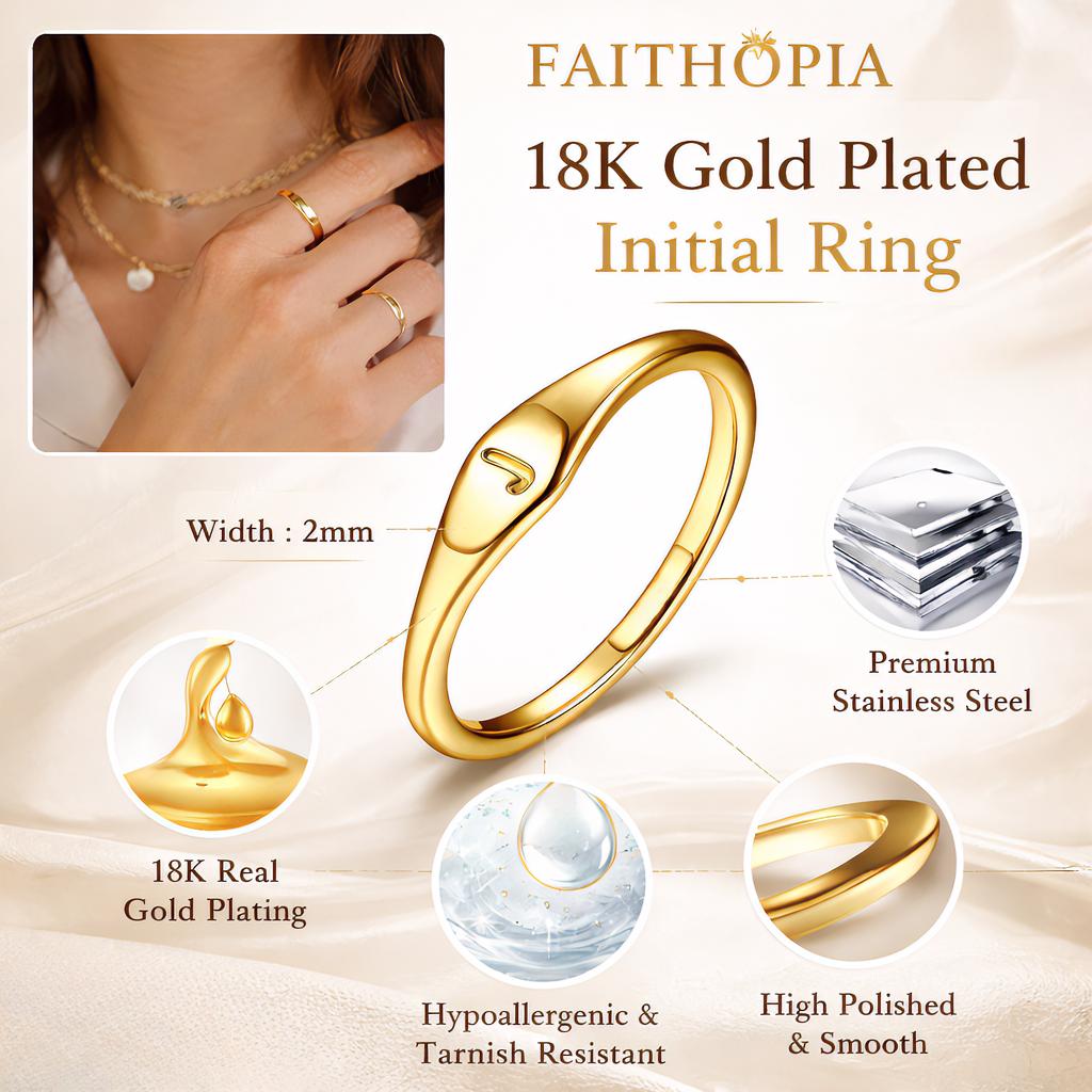 FAITHOPIA18K Plated Gold Filled  Initial  Dainty Simple Letter Band  Signet Stackable Pinky Alphabet Thin Thumb  for Women Non Tarnish Size 6 7 8 9 10 ring
