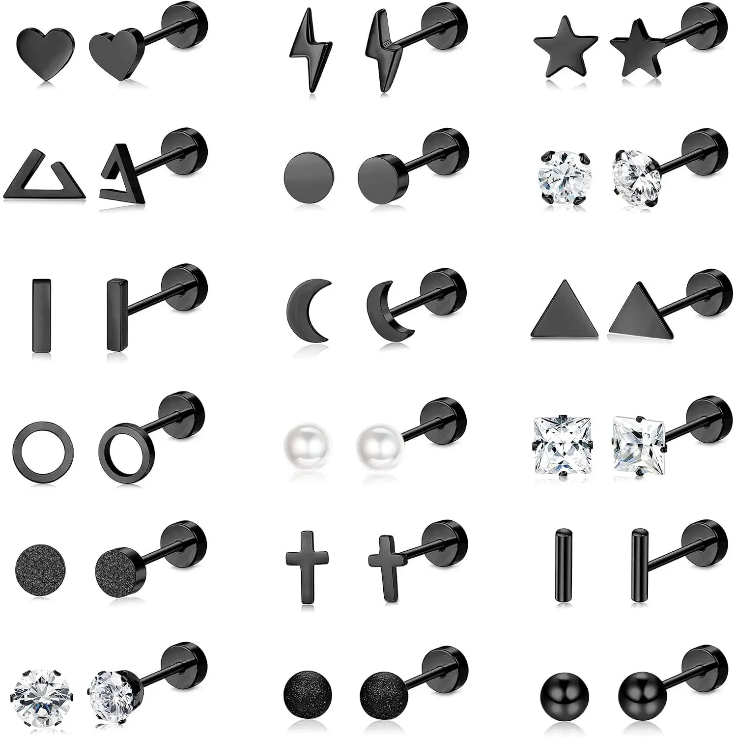 18 Pairs Surgical Stainless Steel Earrings for Women Men, 20G Cartilage Studs, Tiny Cross Star Screw Flat Back Earring Set, Black & Gold Tone (Black)