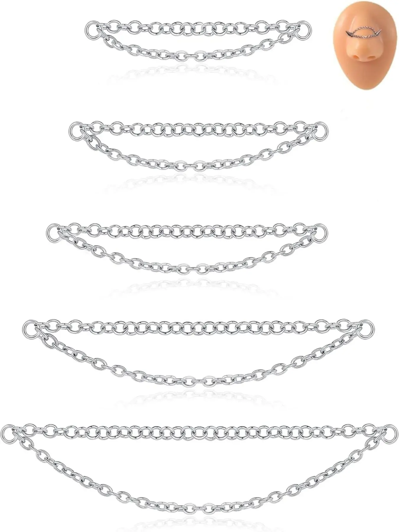 5Pcs Nose Chain Piercing Stainless Steel Across Top Nose Rings Chain Heart Double Nostril Bridge Body Piercing Jewelry for Women Men Silver Plated 32/35/40/45/50mm