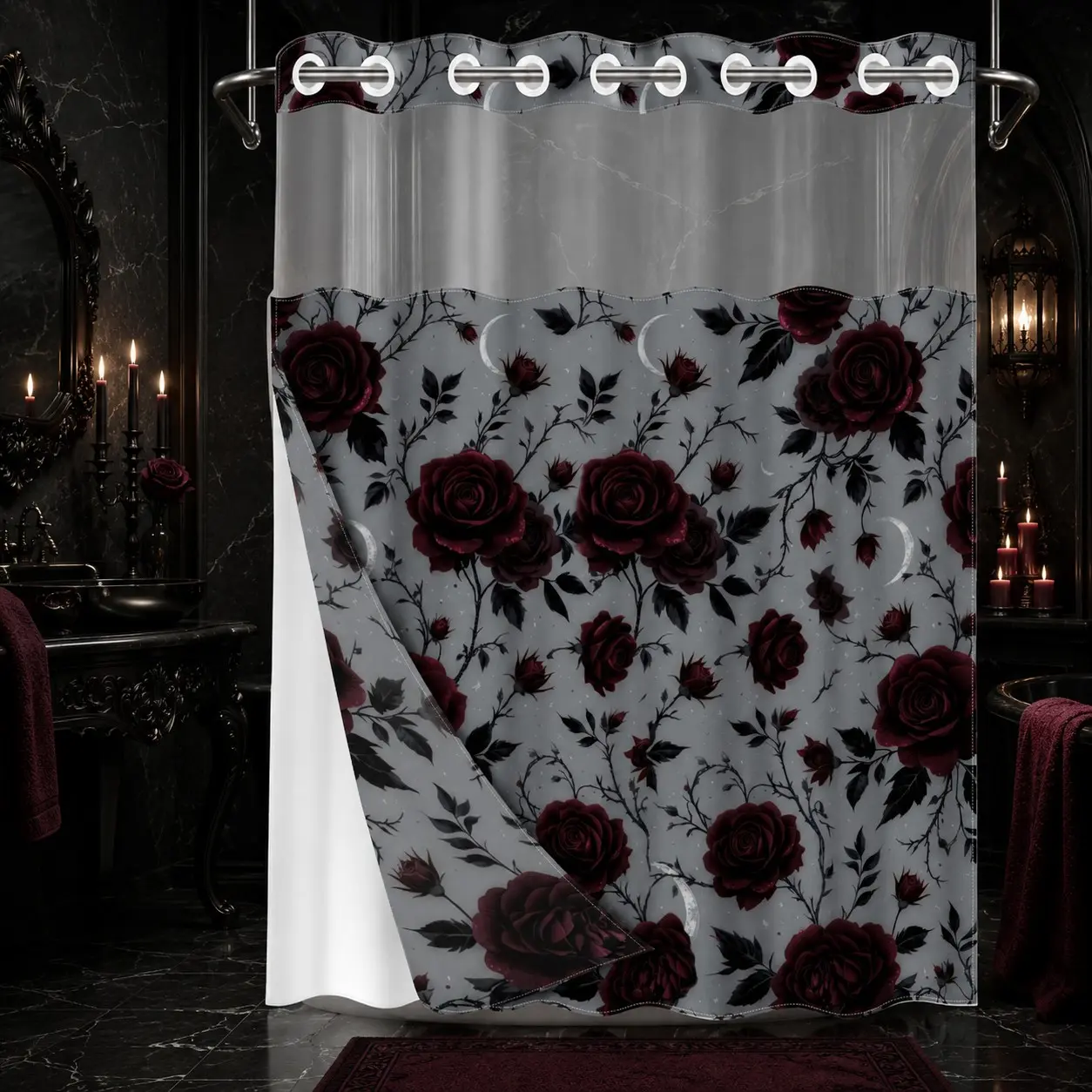 Hookless Double Layer Shower Curtain, Decorative Shower Curtain, No Hooks With Liner, Gothic Red Rose Print, Machine Washable Waterproof Mildew Resistant Fabric, Dark Romantic Home Bathroom Decor, Removable Snap-in Liner, Top See-Through Window, 71"×74