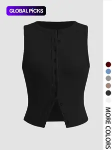 Women's Plain Button Front Ribbed Crop Tank Top, Casual Chic Sleeveless Round Neck Top for Daily Wear, Ladies Clothes for All Seasons Womenswear, Casual Everyday Top Crop Tops