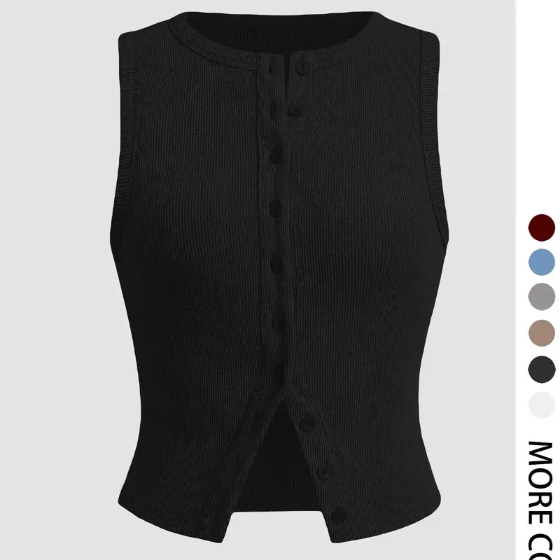 【Black Friday】Women's Plain Button-Front Ribbed Crop Tank Top, Casual Chic Sleeveless Round-Neck Top for Daily Wear, Ladies Clothes for All Seasons #GLOBAL PICKS