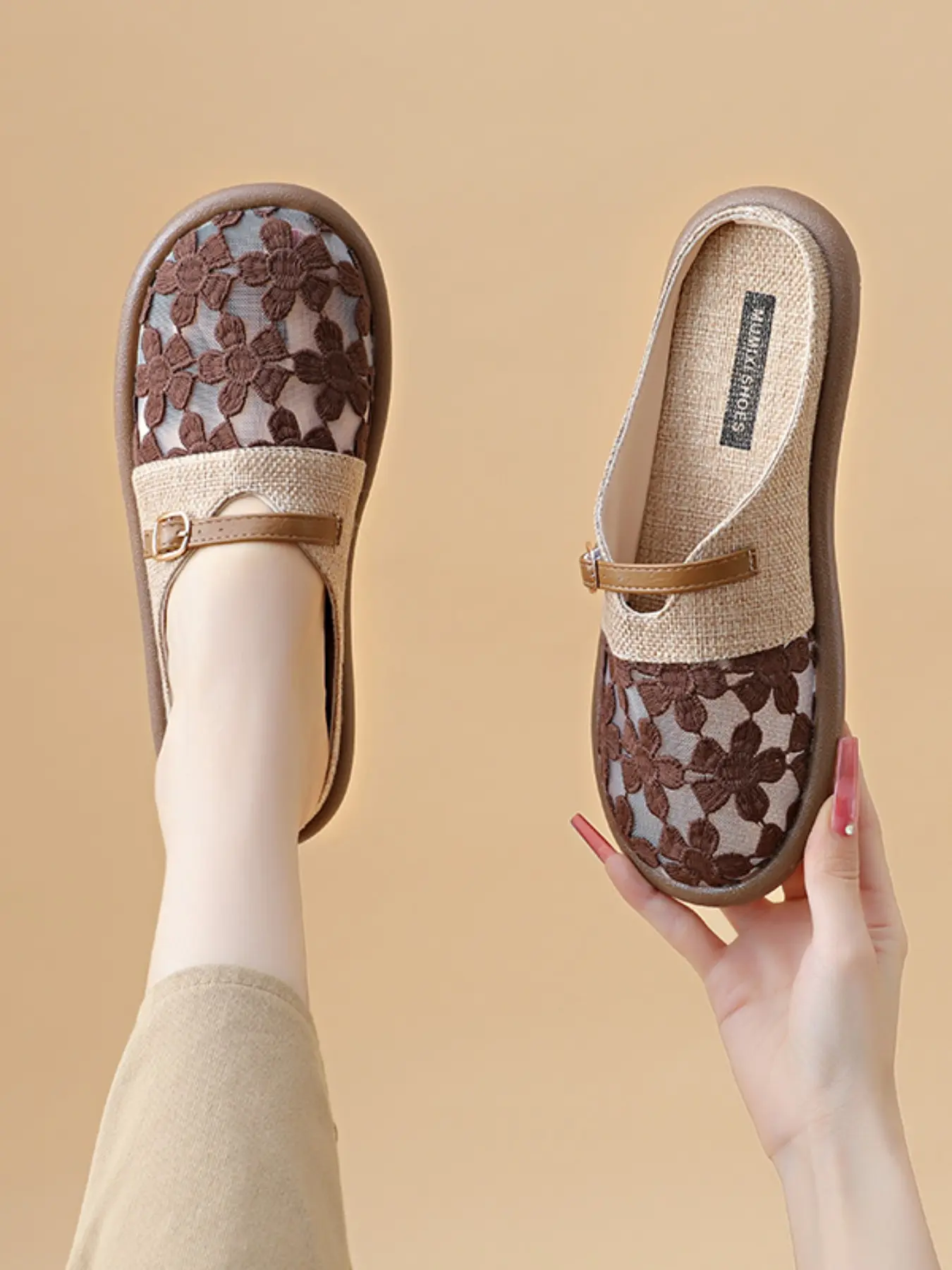 Rustic Lace Hollow Out Mary Jane Half Sandals, One-Word Buckle Casual Lazy Head Cover Slippers, Country Style Braided Mesh Soft Daily Flip Flops