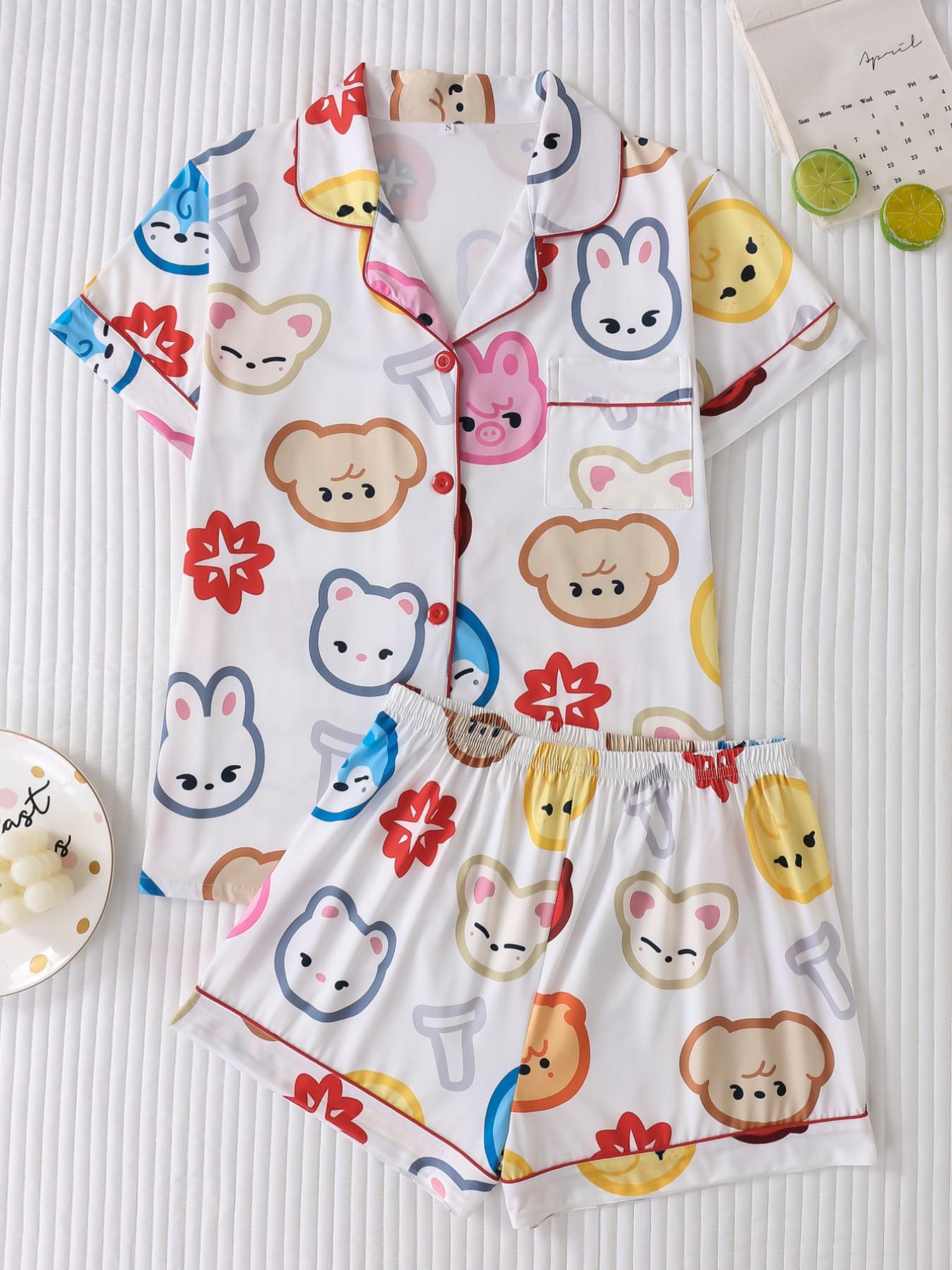 Women's Cartoon Print Short Sleeve Top & Shorts Pyjama, Casual Comfy Top & Shorts Pj Set, Ladies Sleepwear for All Seasons, Loungewear, Pajamas