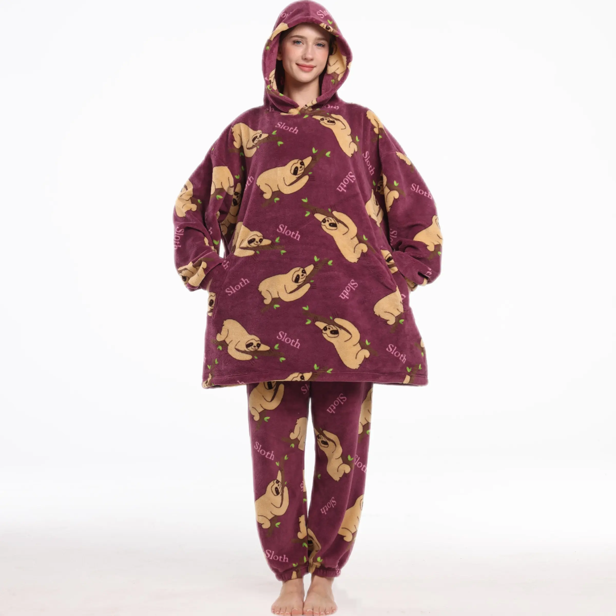 Autumn Winter Thick Coral Fleece Full Print Set, Wearable with Hat and Pockets, Warm and Comfortable, Unisex
