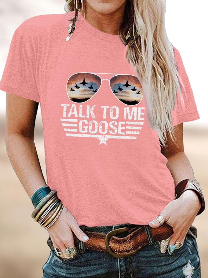 Women's Letter & Sunglasses Print Round Neck Tee, Fashion Casual Crew Neck Short Sleeve T-Shirt for Summer, Women's Clothes for Daily Wear