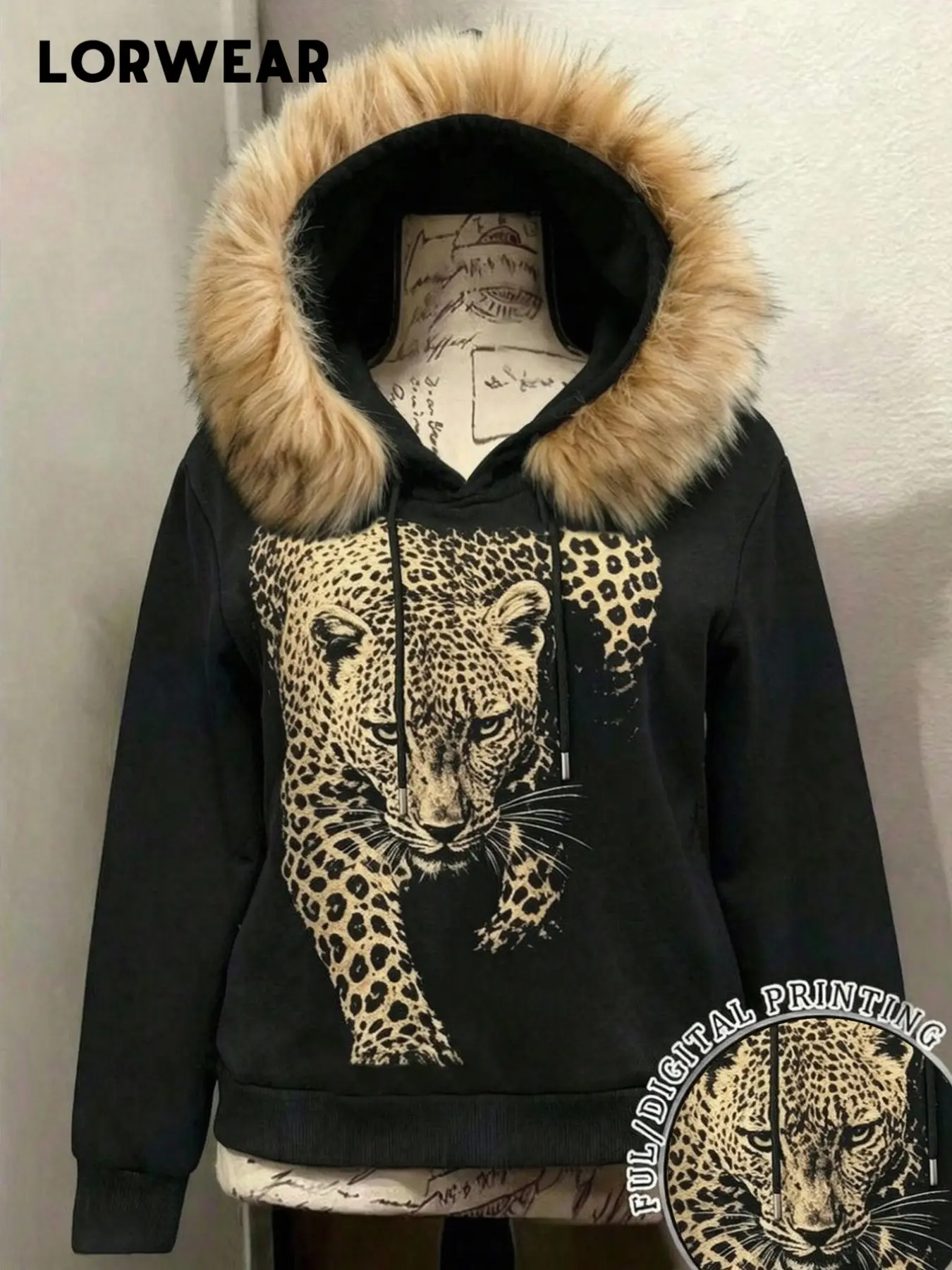 Women's Faux Fur Loose Hoodie, Soft Sherpa Knit Fabric, Vintage Leopard Print, Detachable Large Fur Collar, Drawstring Hood, Fall Winter Streetwear