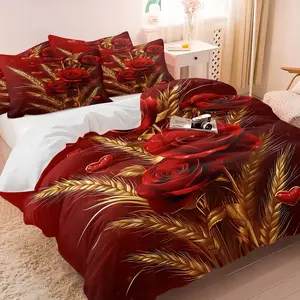 Romantic Burgundy Floral Heart Bedding Set, Includes 1 Duvet Cover + 1/2 Pillowcases, Breathable Cozy Durable Fabric All Season Bedding, Shiny Golden Wheat Red Rose Print, Ideal Anniversary Gift For Couples