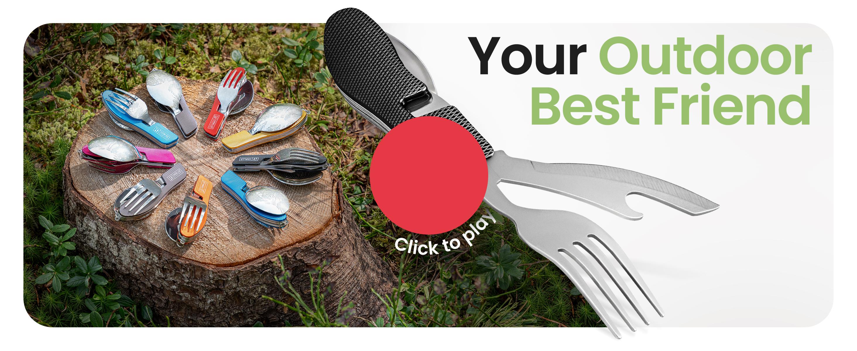 AGS Orblue 4-in-1 Camping Eating Utensils, 2-Pack - Portable Spoon, Fork, Knife & Bottle Opener Combo Set - Stainless Steel Flatware with Detachable Fork - Travel, Backpacking Cutlery Multitool, Yellow