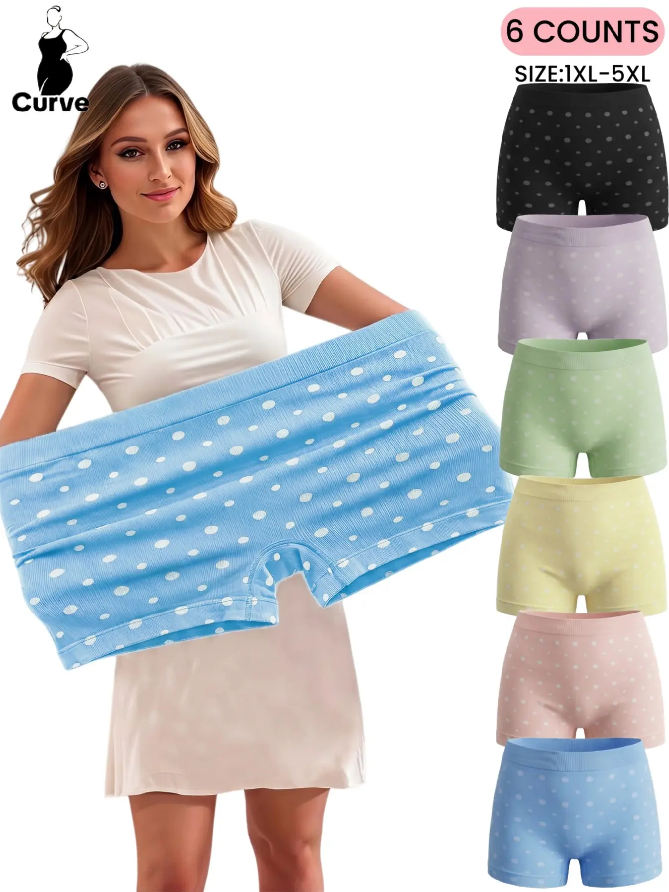 1XL-5XL,Summer Plus Size Women's Seamless Knit Soft Boxers,Polka Dot Elastic Waist Slim Fit Booty Panties Shorts Comfortable Skin-Friendly Mid-Waist Seamless Shorts, All Seasons, Casual Style,Daily&Home Boxers Underwear Soft Comfy Panties