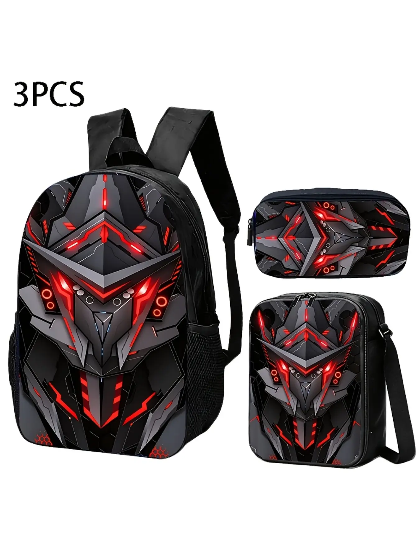 Cyberpunk style mechanical red neon printed backpack backpack with black base and silver grey geometric pattern, Lightweight Daily Backpack, suitable for young professionals, commuters, gaming enthusiasts, daily outings, and school use