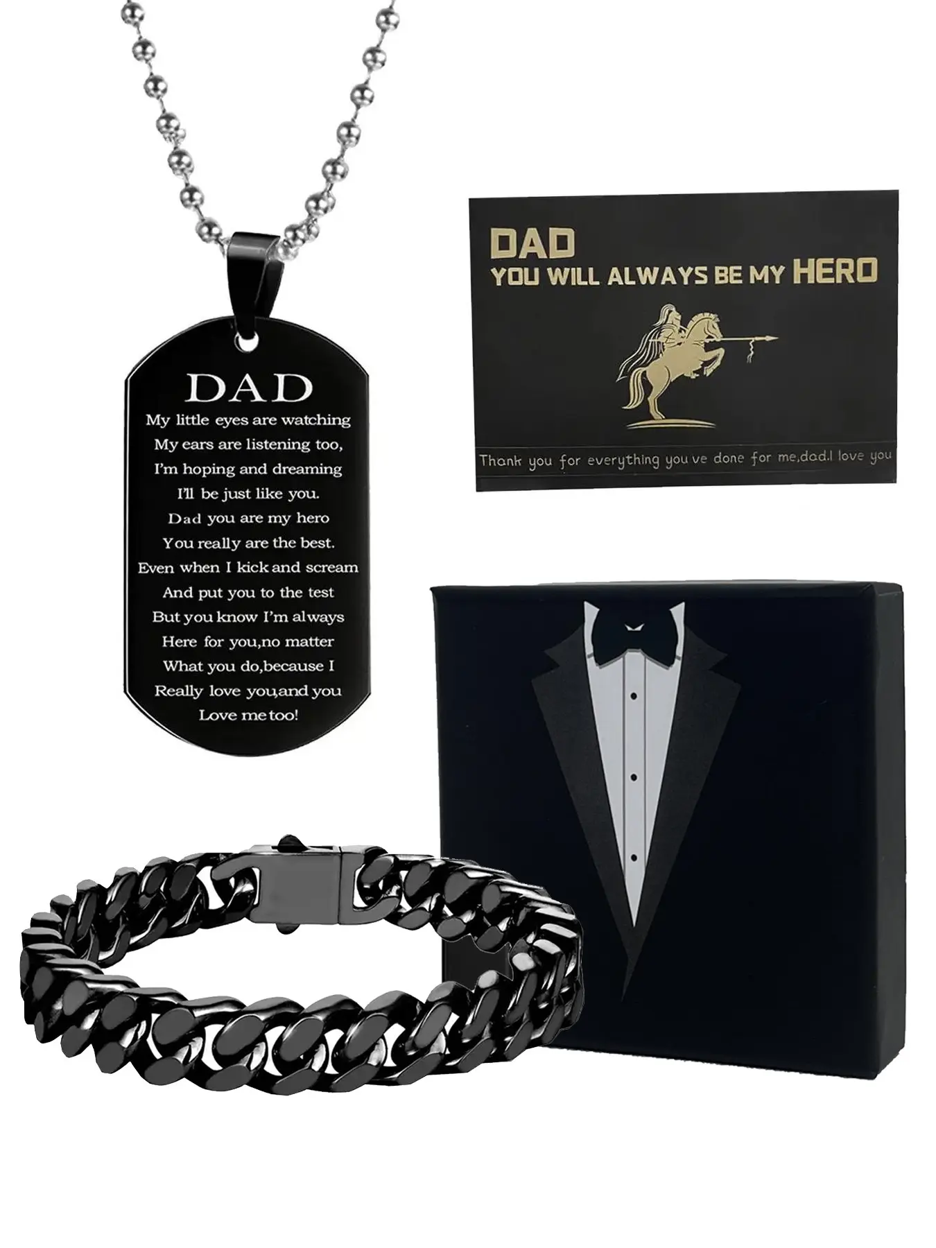 To My Superhero Dad — Father's Day Gift Set: Jewellery Gift Set, Jewelry Sets, Personalized Necklace/Keychain/Bracelet, Engraved Black Tag, Heartfelt Gift from Son/Daughter, Ideal for Father's Day, Birthday, Anniversary