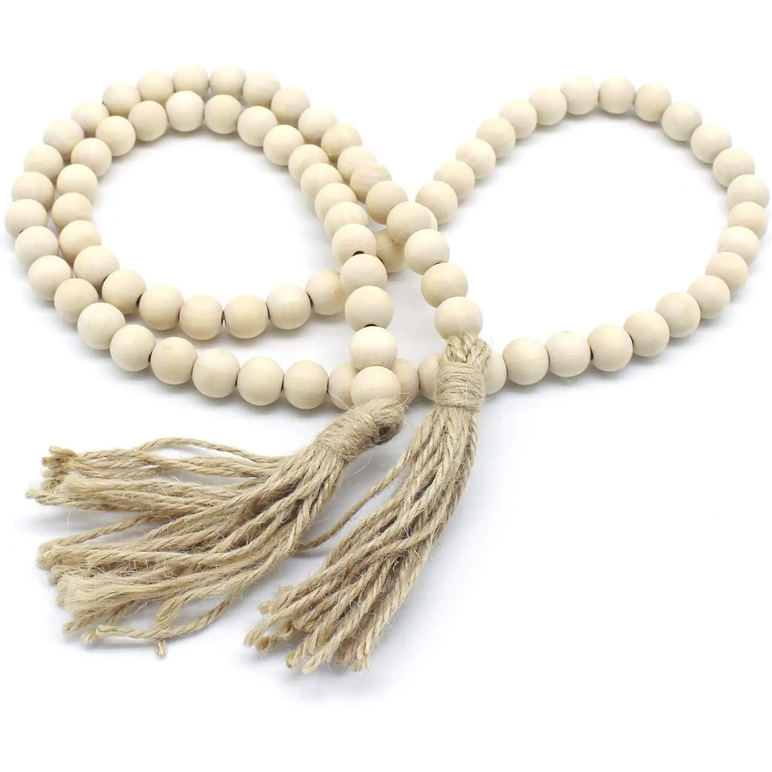 Traditional Vintage Jute Rope Wooden Beads Garland with Tassels - 3D Candle Decor Accent, 3.2 oz Farmhouse Rustic Hanging Wall Decor, Gift for Acquaintances & Home Door Adornment