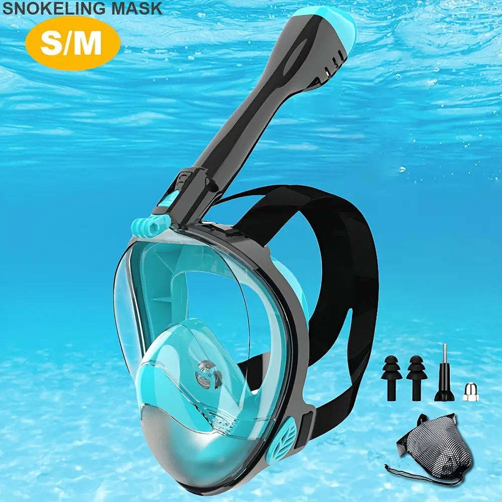 Silicone Snorkel Mask, Adult Full Face Snorkeling Goggles, 180° Panoramic View, Camera Mount, Anti-Leak, Anti-Fog, Swimming Gear