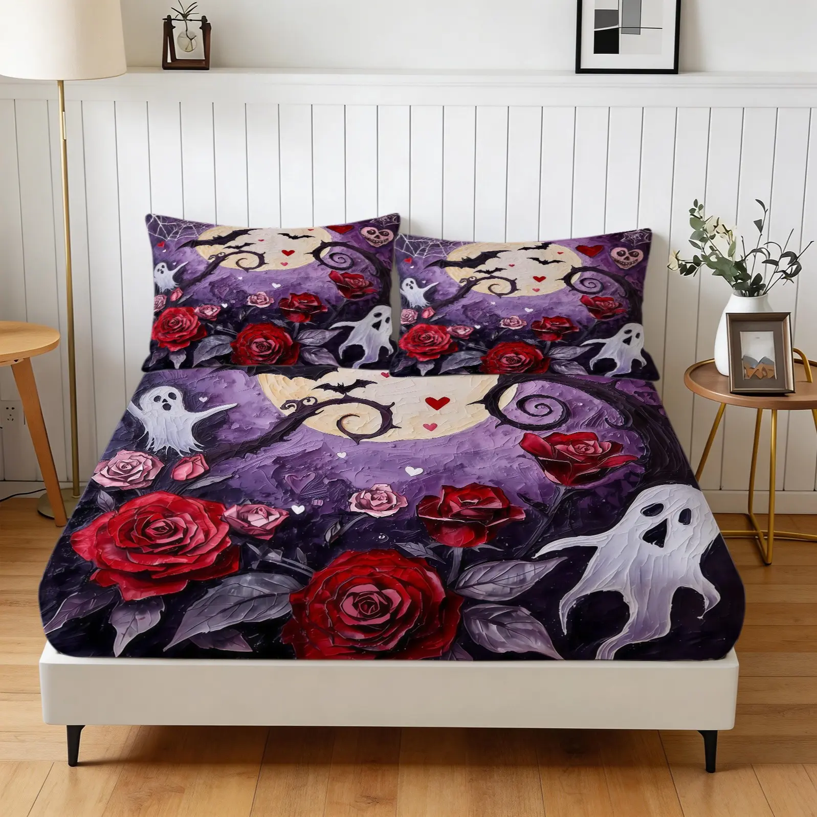 3-Piece Rose Ghost Bat Pattern Fitted Sheet Set, Gothic Halloween Bedding Set (1 Piece Sheet + 2 Pieces Pillowcases, No Pillow Inserts), Suitable For Teenagers And Adults, Master Bedroom, Apartment Scene