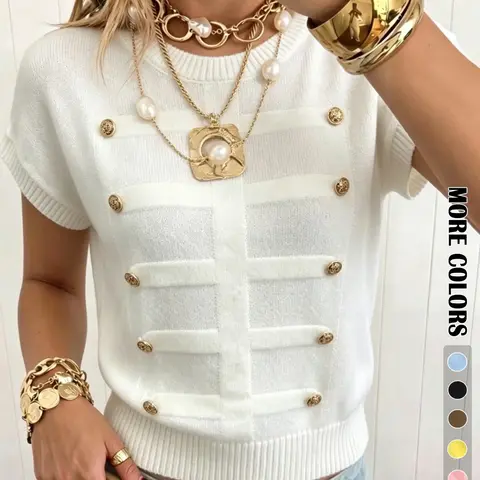 【Black Friday】Elegant Loose-Fitting Round Neck Metal Button Short Sleeve Pullover Knit Top, Loose Tops for Daily Wear