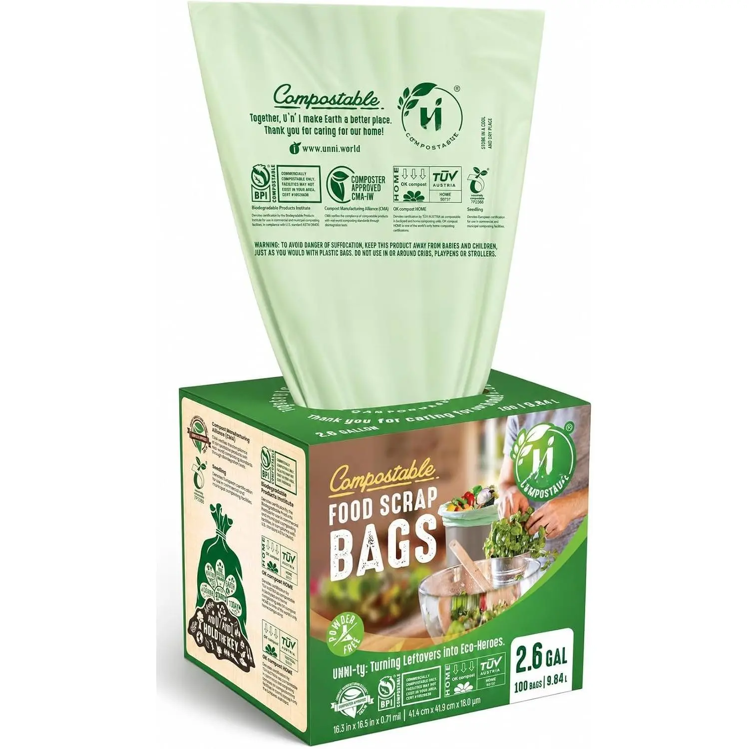 2.6 Gallon Compostable Bags, 100 Count, 10 Liter, Extra Thick 0.71 Mil | Small Compost Bags for Countertop Bins, Kitchen  Scrap Liners, Certified by BPI, CMA & OK compost , Meets ASTM D6400