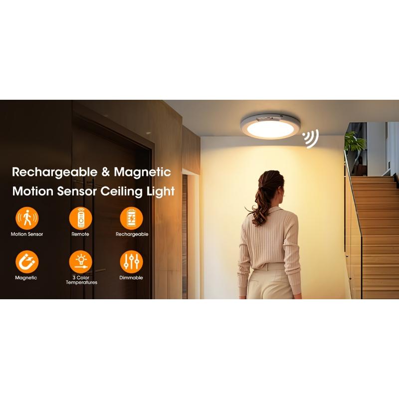 8/6/4/2/1Pack Rechargeable LED Ceiling Light with Motion Sensor, 3 Lighting Options, 10 Brightness Levels Battery Operated Closet Lights, Remote Control Dimmable Timing Motion Shower Lights for Living Bathroom Pantry Hallway Porch(3000K/450