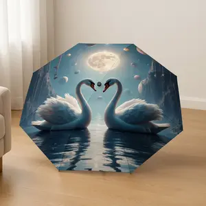 Dreamy Swan Design Automatic Folding Umbrella, Lightweight Portable Travel Umbrella, 8-Rib Durable Frame, Ideal Gift for Halloween & Christmas