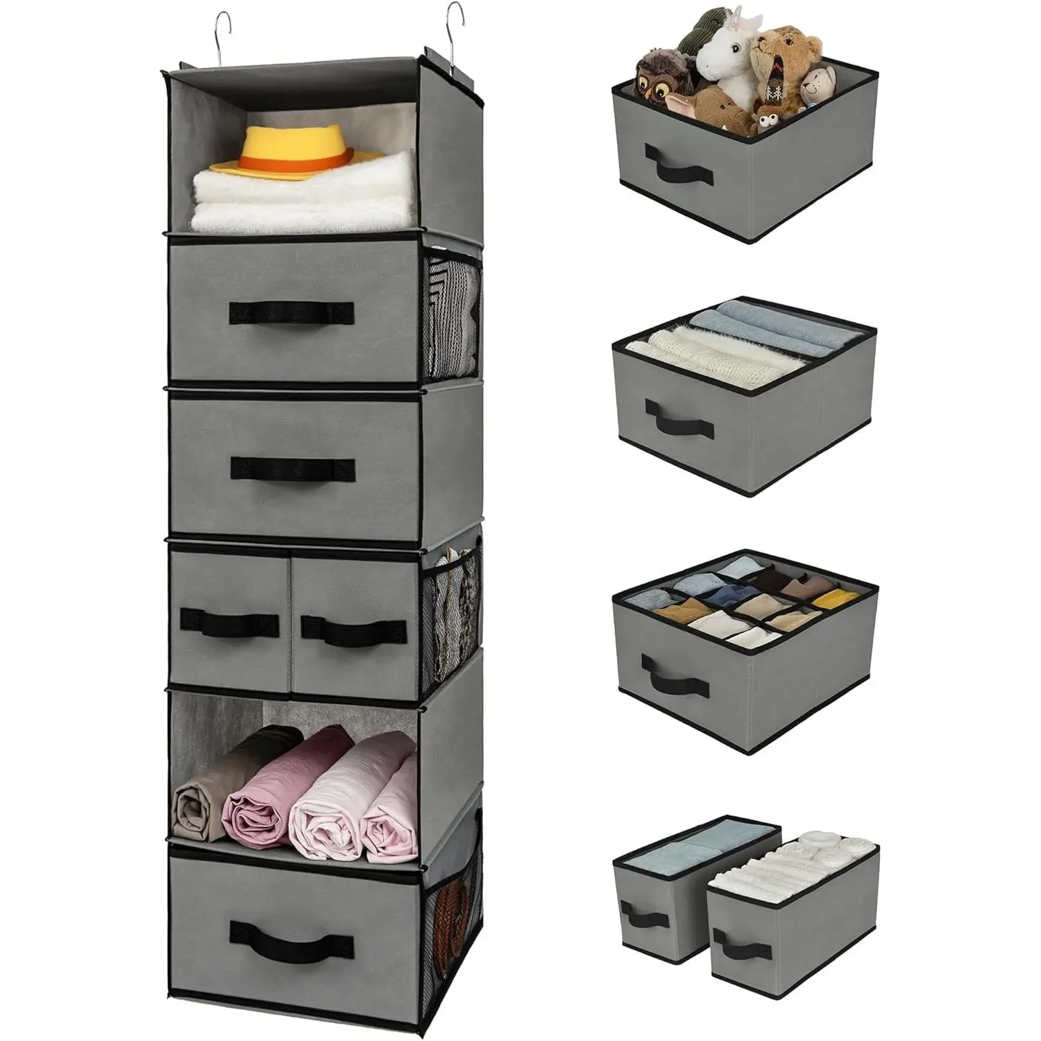 Hanging Closet Organizer, 5 Drawers, 6 Shelves, 6 Pockets, Gray | Hanging Closet Organizer with 5 Different Drawer Designs, 6 Shelves & Reinforced Structure for Organized Small Spaces